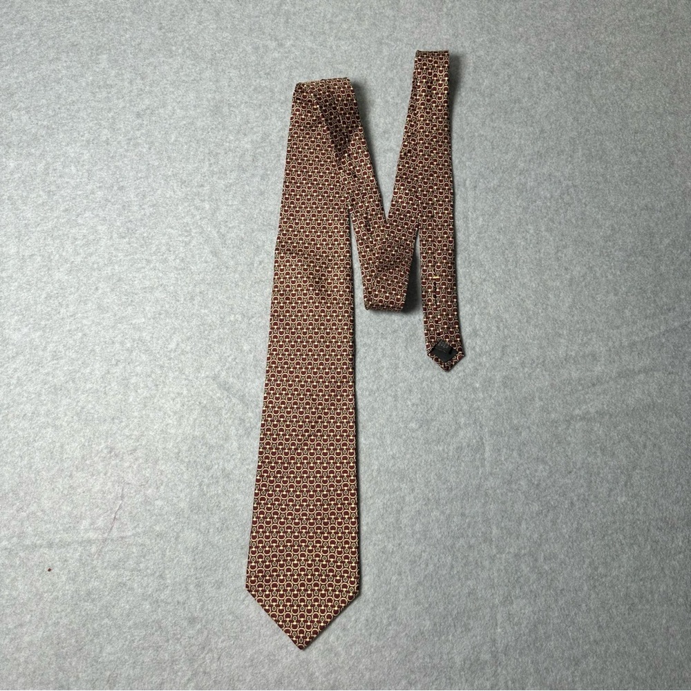 Burnham Ltd Silk Tie Burgundy Gold Geometric Pattern Men's Necktie